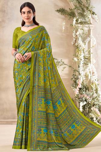 Mehendi green floral print crepe silk fancy saree with unstitched blouse for women's wear