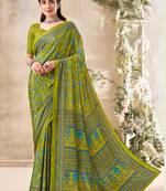 Mehendi green floral print crepe silk fancy saree with unstitched blouse for women's wear