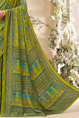 Mehendi green floral print crepe silk fancy saree with unstitched blouse for women's wear 2