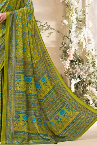 Mehendi green floral print crepe silk fancy saree with unstitched blouse for women's wear