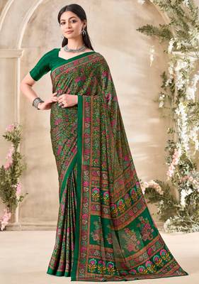 Green floral print crepe silk fancy saree with unstitched blouse for women's wear 1
