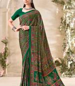 Green floral print crepe silk fancy saree with unstitched blouse for women's wear