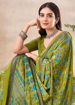 Mehendi green floral print crepe silk fancy saree with unstitched blouse for women's wear 3