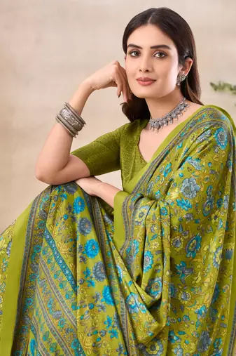 Mehendi green floral print crepe silk fancy saree with unstitched blouse for women's wear