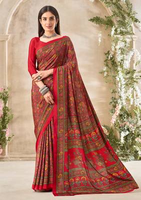 Red floral print crepe silk fancy saree with unstitched blouse for women's wear 1
