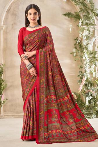 Red floral print crepe silk fancy saree with unstitched blouse for women's wear