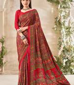 Red floral print crepe silk fancy saree with unstitched blouse for women's wear