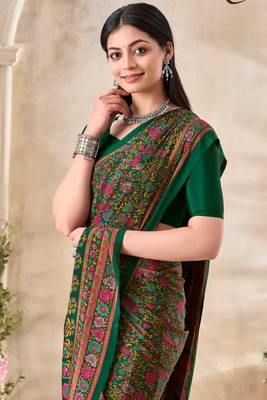 Green floral print crepe silk fancy saree with unstitched blouse for women's wear 2