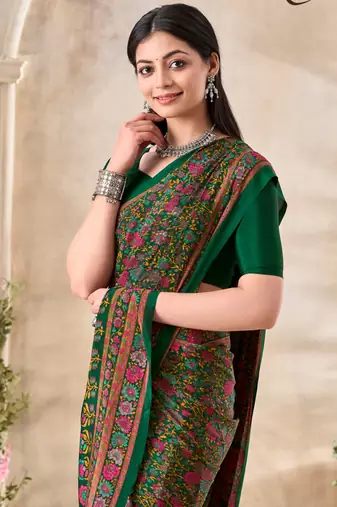 Green floral print crepe silk fancy saree with unstitched blouse for women's wear