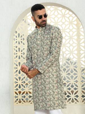 Leaf printed green mandarin collor cotton summer kurta 1