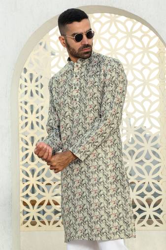 Leaf printed green mandarin collor cotton summer kurta