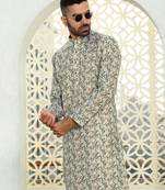 Leaf printed green mandarin collor cotton summer kurta