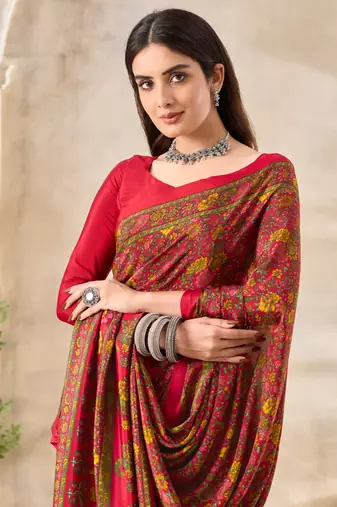 Red floral print crepe silk fancy saree with unstitched blouse for women's wear