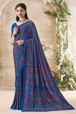 Blue floral print crepe silk fancy saree with unstitched blouse for women's wear 1