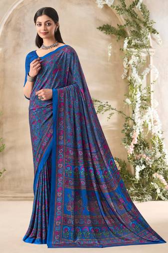 Blue floral print crepe silk fancy saree with unstitched blouse for women's wear