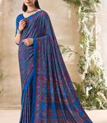 Blue floral print crepe silk fancy saree with unstitched blouse for women's wear