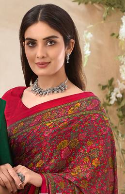 Red floral print crepe silk fancy saree with unstitched blouse for women's wear 3
