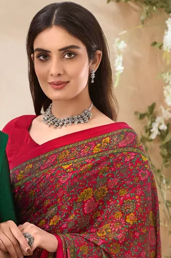 Red floral print crepe silk fancy saree with unstitched blouse for women's wear