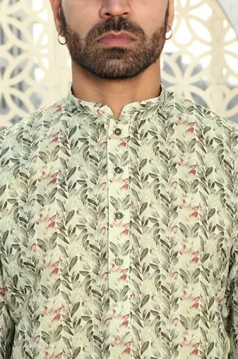 Leaf printed green mandarin collor cotton summer kurta