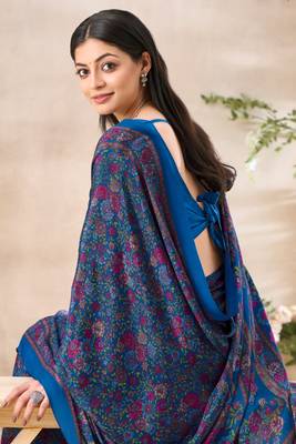 Blue floral print crepe silk fancy saree with unstitched blouse for women's wear 2