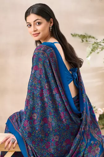 Blue floral print crepe silk fancy saree with unstitched blouse for women's wear