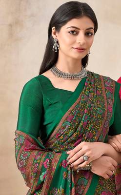 Green floral print crepe silk fancy saree with unstitched blouse for women's wear 3