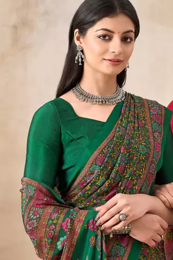 Green floral print crepe silk fancy saree with unstitched blouse for women's wear