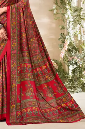 Red floral print crepe silk fancy saree with unstitched blouse for women's wear