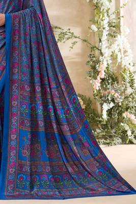 Blue floral print crepe silk fancy saree with unstitched blouse for women's wear 3