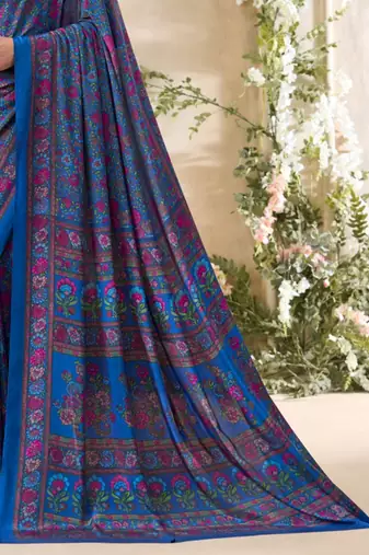 Blue floral print crepe silk fancy saree with unstitched blouse for women's wear