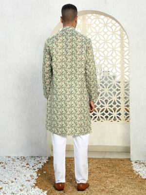 Leaf printed green mandarin collor cotton summer kurta 3