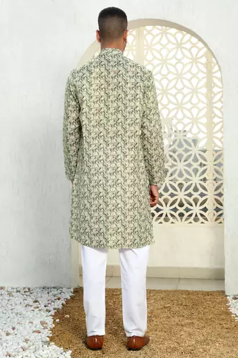 Leaf printed green mandarin collor cotton summer kurta