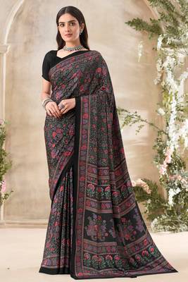 Black  floral print crepe silk fancy saree with unstitched blouse for women's wear 1