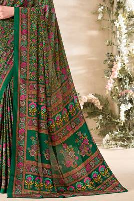 Green floral print crepe silk fancy saree with unstitched blouse for women's wear 4