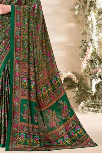 Green floral print crepe silk fancy saree with unstitched blouse for women's wear