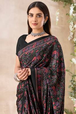 Black  floral print crepe silk fancy saree with unstitched blouse for women's wear 2