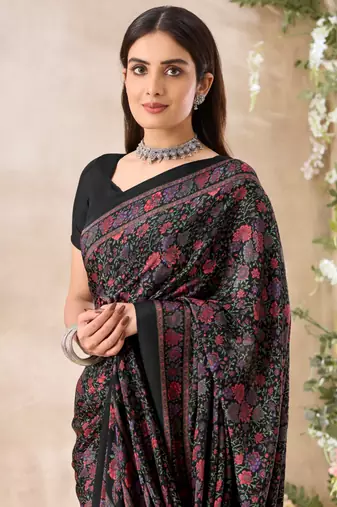 Black  floral print crepe silk fancy saree with unstitched blouse for women's wear