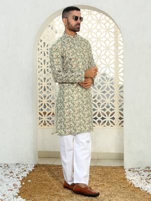Leaf printed green mandarin collor cotton summer kurta 4
