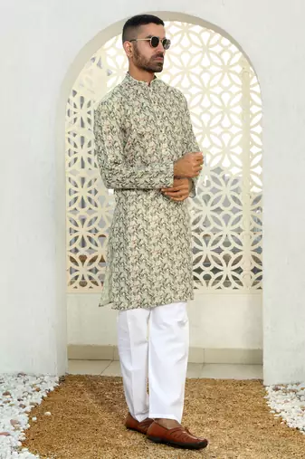 Leaf printed green mandarin collor cotton summer kurta