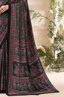 Black  floral print crepe silk fancy saree with unstitched blouse for women's wear 3
