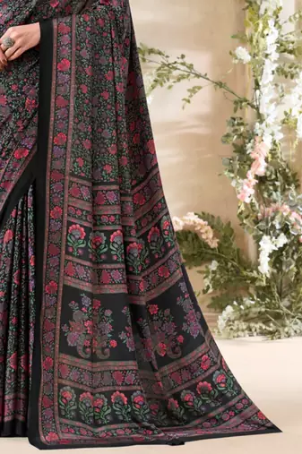 Black  floral print crepe silk fancy saree with unstitched blouse for women's wear