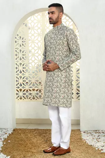 Leaf printed green mandarin collor cotton summer kurta