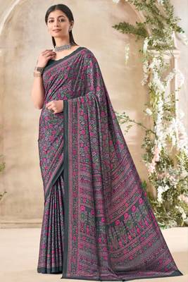 Grey with multicolor floral print crepe silk fancy saree with unstitched blouse for women's wear 1