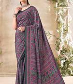 Grey with multicolor floral print crepe silk fancy saree with unstitched blouse for women's wear