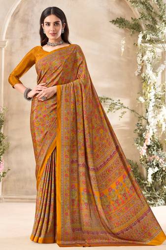 Mustard floral print crepe silk fancy saree with unstitched blouse for women's wear