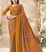 Mustard floral print crepe silk fancy saree with unstitched blouse for women's wear