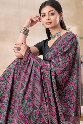 Grey with multicolor floral print crepe silk fancy saree with unstitched blouse for women's wear 2