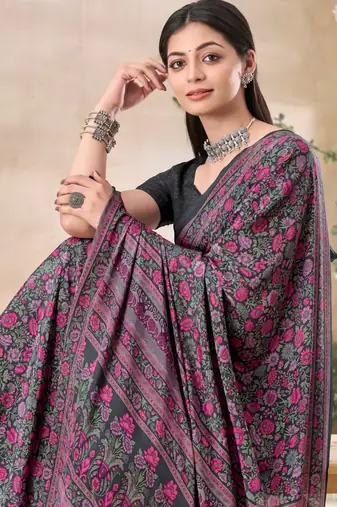 Grey with multicolor floral print crepe silk fancy saree with unstitched blouse for women's wear