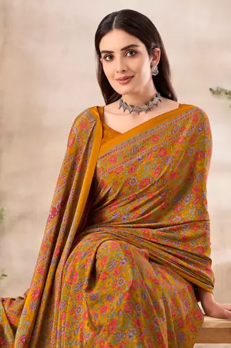 Mustard floral print crepe silk fancy saree with unstitched blouse for women's wear