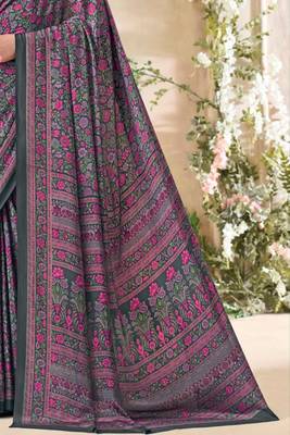 Grey with multicolor floral print crepe silk fancy saree with unstitched blouse for women's wear 3